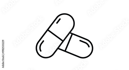 Simple line icon of two medicine capsules representing pharmaceuticals and healthcare for medical and wellness related designs on a white background.