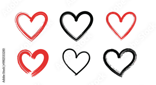 Set of six hand drawn heart shapes in red and black colors with brush stroke textures representing love and passion for romantic design themes.