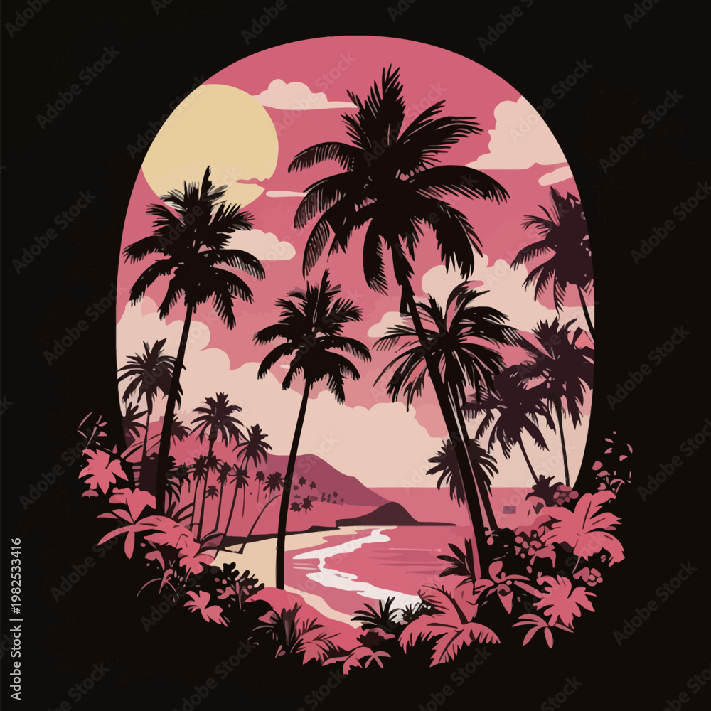 Obraz premium Vintage Tropical Beach Silhouette with Palms