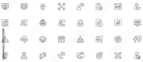 Consulting line editable icon set. Containing consulting, advice, coaching, problem solving, solutions, expertise, guidance, planning, and more. Editable stroke.