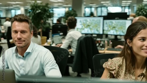 Professional colleagues collaborating on a digital project in a busy modern office environment.