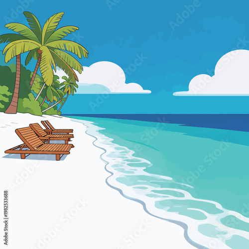 Tropical Beach with Palm Trees and Lounge Chairs
