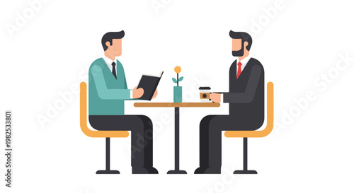 Two professional men sit at a table in a cafe, with one person reading a menu and the other holding a coffee cup during their meeting.