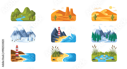 Collection of nine rectangular landscape icons featuring serene lighthouses, towering mountains, and tranquil ponds for versatile digital design projects.