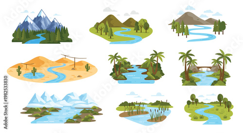 Set of nine diverse natural landscape vignettes featuring snowy mountain peaks, winding rivers, arid deserts, and lush wetlands in a clean flat design.