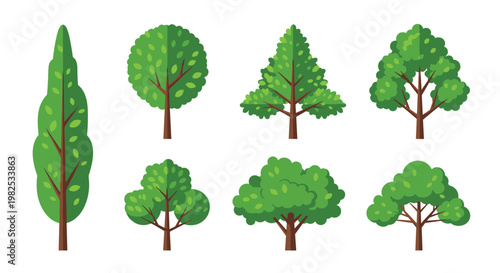 Collection of eight stylized deciduous trees featuring diverse canopy shapes and textured trunks for vibrant landscape design in architectural projects.