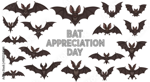 Vector illustration featuring various flying bat silhouettes surrounding 'Bat Appreciation Day' text on a clean white background, promoting wildlife conservation with a spooky, nocturnal