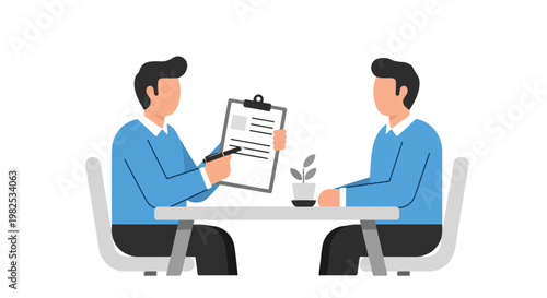 Two men in blue shirts discuss a document on a clipboard during a professional business meeting or interview in a minimalist office setting.