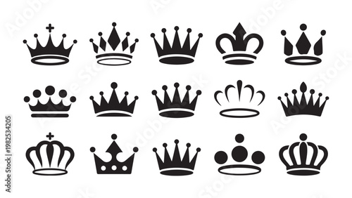 Black crown icons set vector illustration design for royal king and queen head jewelry silhouette.