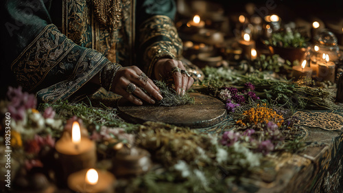 Hands of healer woman arranging medicinal herbs with candles for natural holistic care