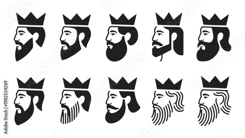 King head profile vector icons collection with different beard styles and crown designs silhouette.