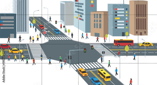 Bustling metropolitan intersection features vibrant city buildings and busy traffic flow with pedestrians crossing streets under bright daylight conditions.