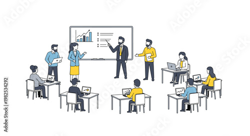 Professional business team members collaborate during a dynamic office meeting while reviewing complex analytical data charts on a large white board display.