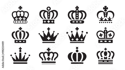 Collection of regal crown icons symbolizing power authority and royal status isolated on transparent background.