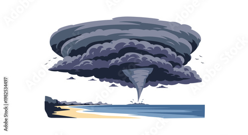 A powerful dark swirling tornado descends onto a calm sandy beach under a massive layered storm cloud with a dramatic high contrast blue gray color motif.