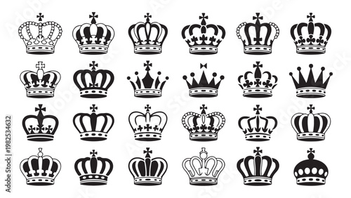 Set of black crowns on transparent background, king, queen and prince crowns collection.
