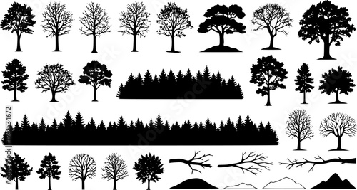 Tree and forest silhouettes - Vector illustration collection of trees and wilderness objects to create your own nature scene.
