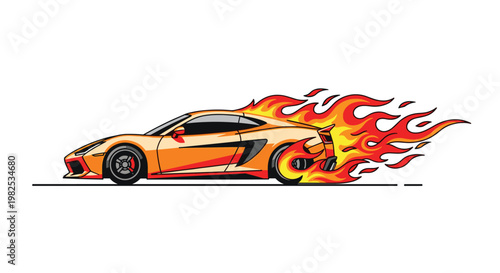 Dynamic orange sports car speeding horizontally with vibrant stylized flames trailing from the rear wheels and exhaust pipes on a plain white background.