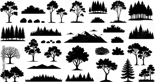 Tree and forest silhouettes - Vector illustration collection of trees and wilderness objects to create your own nature scene.
