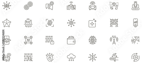 Digital transformation icons set. Artificial intelligence, data, automation, innovation, digitalization, digital services, technology, cloud computing.Thin line editable stroke vector illustrations
