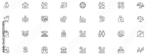 Economy Crisis icon set. Contain icons related to Economic downturn, stock marker cash, Decrease, layoff, job fired, recession, credit crunch, and more. Editable stroke.