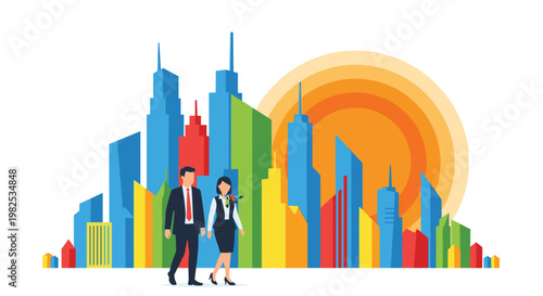 Professional business couple walks forward in front of a vibrant multi colored stylized city skyline silhouette with a large glowing orange sun backdrop.