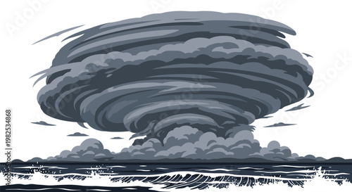 Massive swirling dark gray storm cloud formation hovers above a turbulent choppy ocean surface with white capped waves in a dramatic weather illustration.
