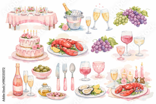 Whimsical watercolor dinner party collection with pastel pink accents: tables , champagne, cake, grapes, lobster, olives, cutlery, and glassware. Ideal for invitations, restaurant menu
