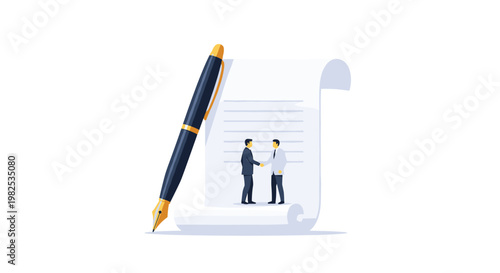 Two miniature business figures shake hands on a large legal document next to a prominent fountain pen in a clean and minimalist professional setting.