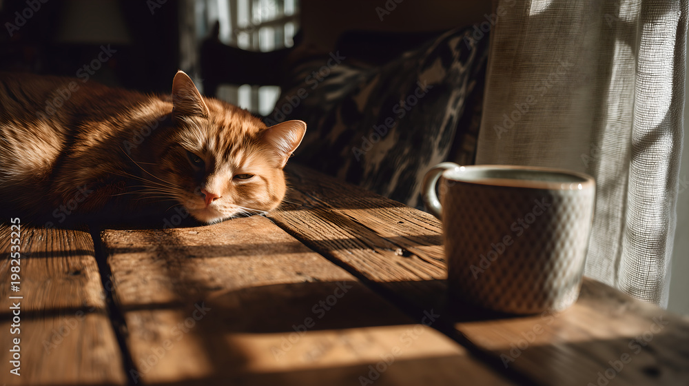 Fototapeta premium Ginger tabby cat stretching on wooden table with morning light and coffee mug