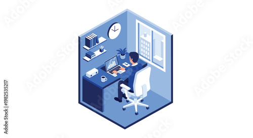 Dedicated professional works on a laptop inside a compact blue isometric office cubicle featuring organized shelves and a wall clock under soft light.