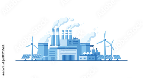 Modern industrial factory complex featuring smoking chimneys alongside renewable wind turbines and solar panels in a crisp blue monochromatic vector graphic.