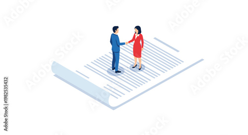 Professional business partners shaking hands while standing on a large flat document sheet in a clean isometric environment with soft blue lighting tones.