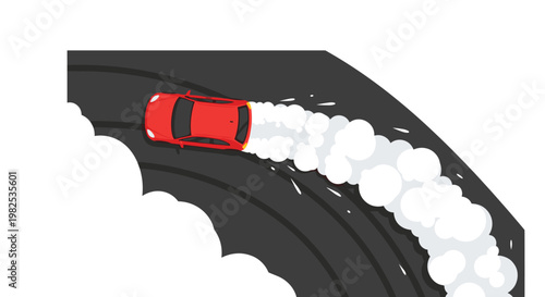 High-angle perspective of a red car drifting around a sharp corner on a dark gray road while leaving thick white smoke trails on a clean white surface.