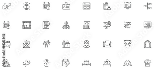 Event planning line editable icon set. Contain icons related to event organization, celebration, party, wedding, management, and more. Editable stroke.