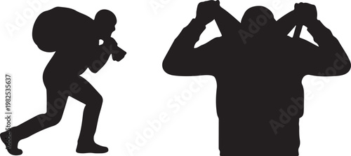 Burglar carrying sack with loot and person putting on backpack during heist Isolated on white background