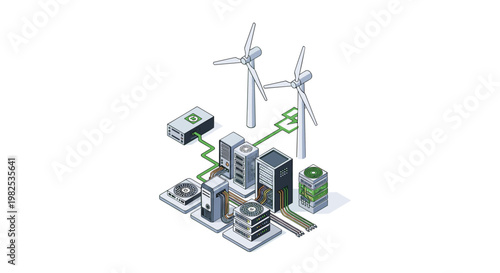 Sustainable digital infrastructure concept featuring wind turbines and server racks connected by green data cables on a clean white professional backdrop.