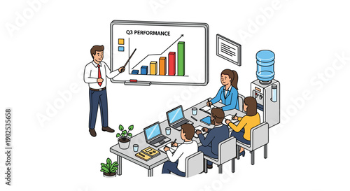 Business leader pointing at a Q3 performance chart on a whiteboard during a team meeting in a modern office with a water cooler and laptops.