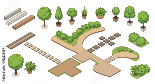 Isometric landscape design elements featuring lush green trees and modular stone pathways arranged neatly on a pristine white background with soft shadows.