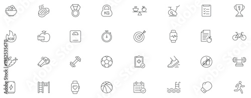 Fitness icon set. Containing health, wellness, nutrition, exercise, physical activity, sports, gym, muscle, diet, yoga, lifestyle and more. Editable line icons.
