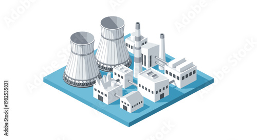 Industrial nuclear power plant facility featuring massive cooling towers and geometric factory buildings set against a clean and minimalist white backdrop.