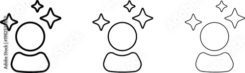 Minimalist user experience icon set, shining person profile with stars, clean outline human avatar vector for web interface and mobile app design