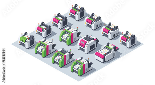 Grid of multiple industrial printing machines with colorful paper output on a light grey platform in a clean and detailed isometric view for industry.