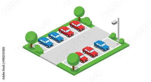 Parking lot area displays red and blue cars green trees and a security camera pole on a grey surface in a clean and detailed isometric perspective.