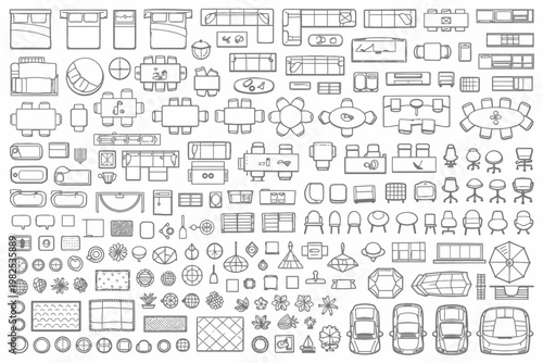Top view architectural furniture symbols set. 2D CAD plan vector icons for interior design and floor plans