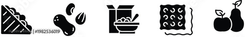 Healthy snack icons set, black solid food vector symbols, sandwich and nuts and cereal bowl and crackers and fruit icons for nutrition apps