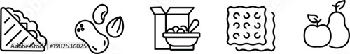 Healthy snack icons set, black line vector food elements, sandwich and nuts illustrations, cereal bowl and fruit icons for nutrition design
