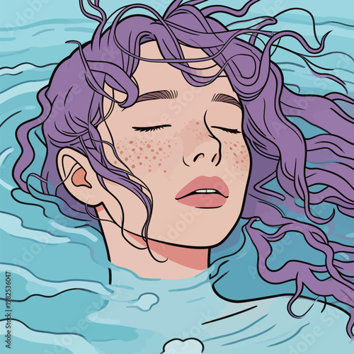 Young Woman Floating in Water with Purple Hair