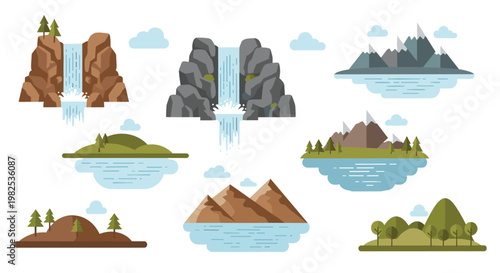 Diverse natural landscape elements including waterfalls and rocky cliffs with rolling hills and lakes are rendered in a flat stylized aesthetic design.