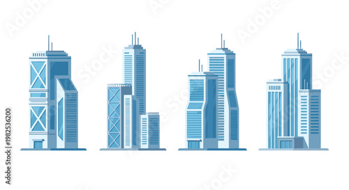 Four distinct high-rise office buildings with reflective glass facades and antenna tops stand in a clean flat isometric style against a white backdrop.